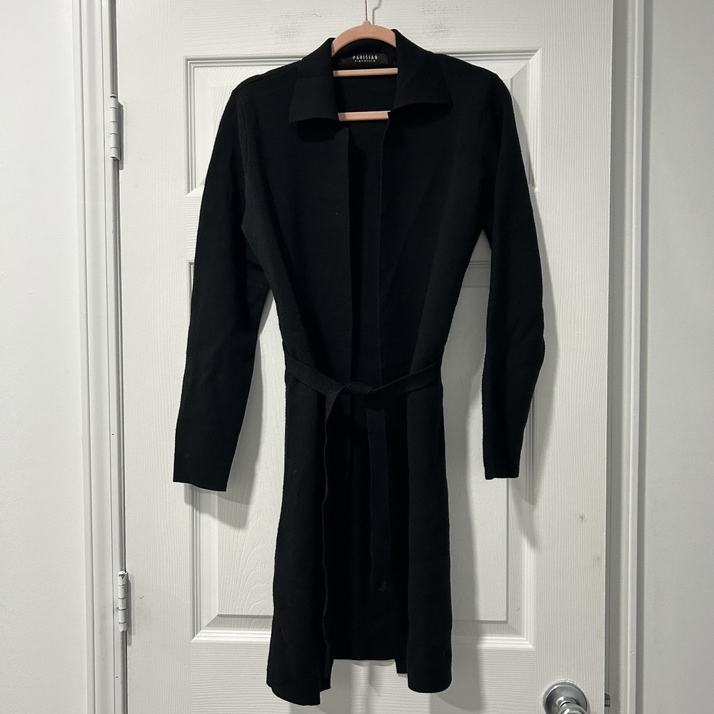 Parisian Siganture 100% Extra‎ Fine Merino Wool Duster Sweater Black Tie Waist